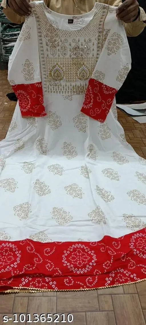 Printed rayon anarkali kurti for women, three-quarter sleeves, vibrant Indian partywear