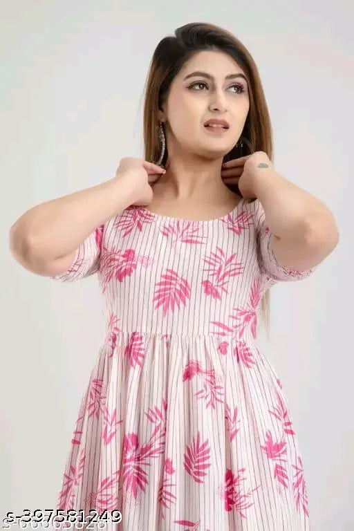 Pink printed rayon Anarkali kurti, short sleeves, floral pattern. Women's traditional Indian outfit, XXL, bust size 44in