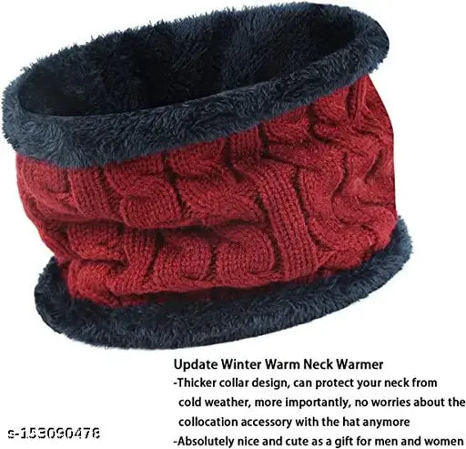 Maroon wool beanie cap with neck warmer set, knit hat lined with thick fleece - snow-proof inside fur, ideal for winter outdoor and indoor activities