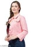 Light pink denim women's jacket with long sleeves, solid pattern from India