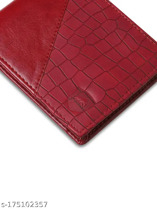 Red artificial leather SAMTROH men's wallet, 2 compartments for 4 cards, solid pattern, free size (9cm x 11cm), trendy accessory from India