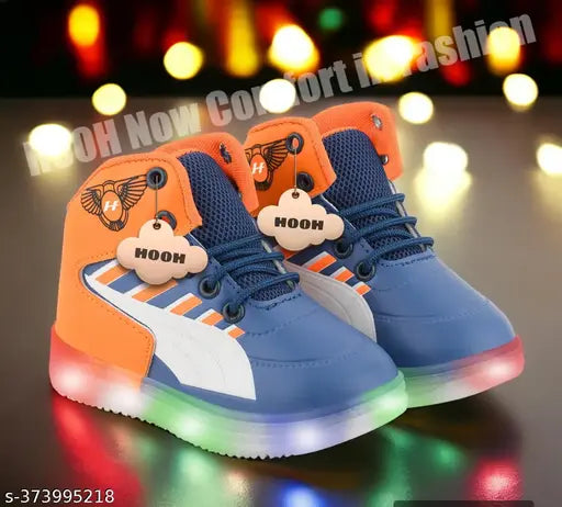 Stylish synthetic leather and rubber LED light shoes in orange/blue for boys, embellished net pattern, breathable, comfortable, ideal for parties or play