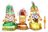 Pure neem wood, handcrafted Indian idols of Lord Jagannath, Balaram, and Subhadra in traditional Singhara Vesa with Poshak Dress Mukut, approximately 10 cm tall