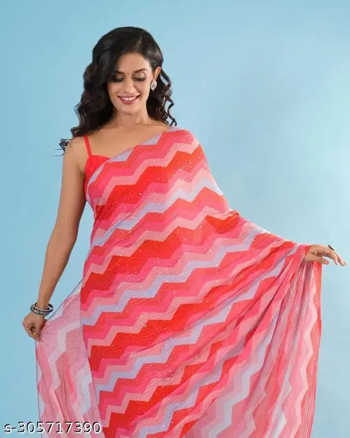 Georgette printed saree with solid blouse, Indian partywear designer fancy sequin work, free size (5.5m saree length, 0.8m blouse length)