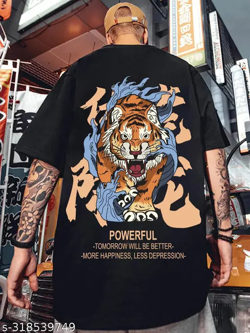 Mens black oversized graphic printed cotton T-shirt, short sleeves, large print design on chest, multiple sizes available for men's fashion