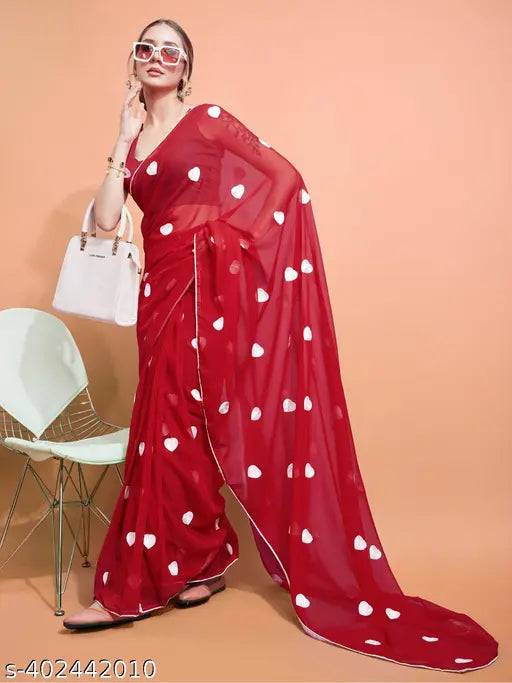 Red georgette Durga pooja special heart saree with embroidered thread gamthi work and border piping, free size (length: 5.5m, blouse length: 0.8m), India origin