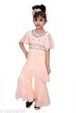 Orange designer embroidery Kurta and Sharara Suit for girls, Hariyal Creation. Georgette fabric, anarkali top, knee-length, short sleeves. Indian ethnic kids wear, sizes from 3-9 years