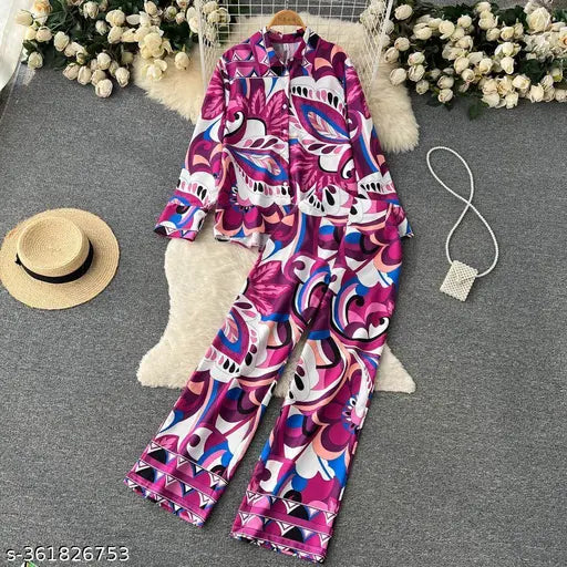 Premium satin abstract coord set, long-sleeved satin co-ords for women, Indian-made premium satin outfit on hanger