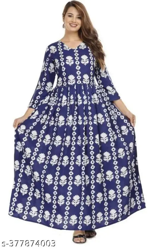 Blue rayon floral printed three quarter sleeve anarkali kurti for women, elegant and comfortable fashion