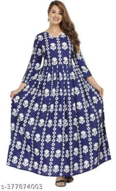 Blue rayon floral printed three quarter sleeve anarkali kurti for women, elegant and comfortable fashion