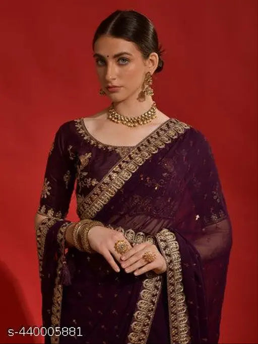 Purple sequins georgette saree party wear - bright plum-purple georgette saree with embroidered blouse, India origin