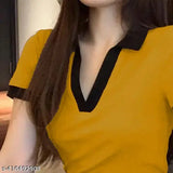 Black collar contrast cotton blend t-shirt, short sleeves, stylish for women