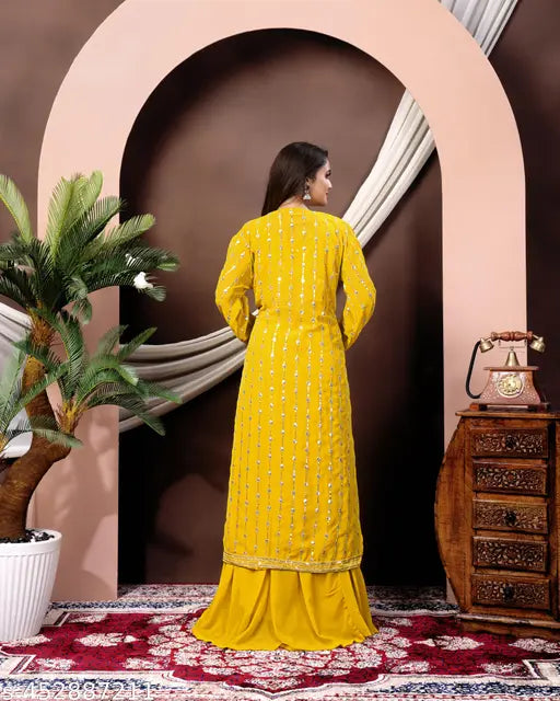 Chic pink georgette crop top & sharara set, embroidered net, modern ethnic elegance