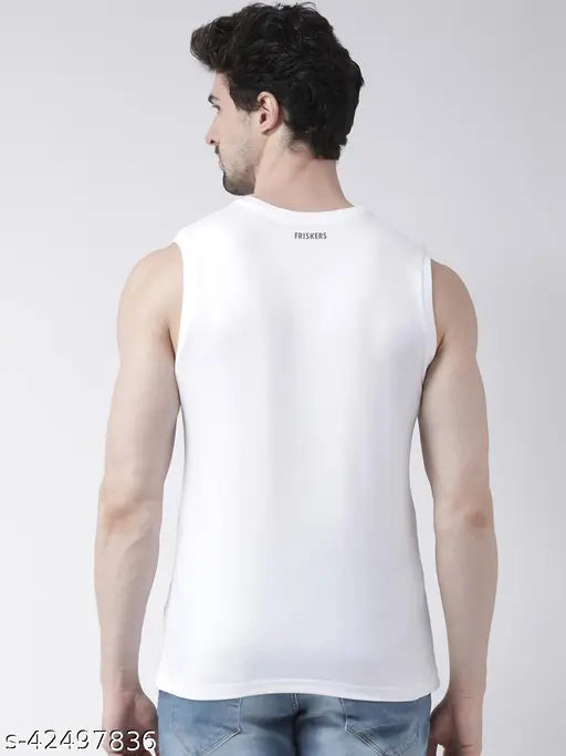 Men's white yellow solid cotton round neck t-shirt, sleeveless, 2 pieces - high quality garment made in India