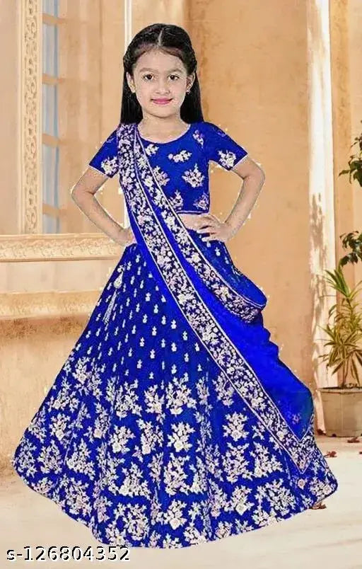Blue taffeta silk embroidered semi-stitched round neck lehenga choli and dupatta set for baby girls, premium quality Indian craftsmanship