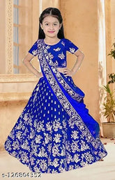 Blue taffeta silk embroidered semi-stitched round neck lehenga choli and dupatta set for baby girls, premium quality Indian craftsmanship