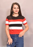 Colorblock cotton blend women's t-shirt, short sleeves, vibrant color block pattern. (Size S: Bust 34in, Length 20in)
