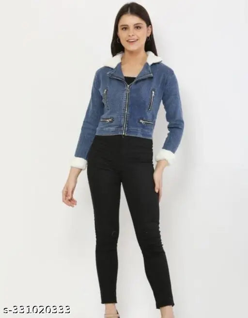 Blue denim fur multi-zip jacket for women, solid design with white soft fur collar and four zip pockets