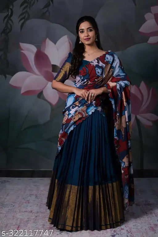 Trendy Art Silk semi-stitched half saree set, embroidered blouse and solid dupatta, ready for shipping from India
