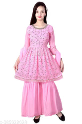 Pink Georgette Sharara Set for Girls, A-line with embellished sleeve, 4-5 years size - Indian traditional fashion