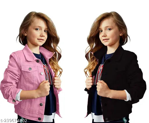 Denim Kid Color Jacket Combo, solid pattern for casual or party wear. Two pieces in long sleeves, hand wash instructions included. Product may vary due to lighting. Sizes from 4-5 to 11-12 years. Made in India