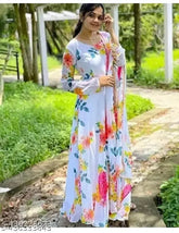 Denim Moti Gown, printed net, long sleeves, size N. Indian formal dress on mannequin