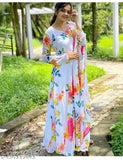Denim Moti Gown, printed net, long sleeves, size N. Indian formal dress on mannequin