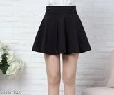 Women's black pleated mini skirt in polyester, solid net design. Available in sizes 26, 28, and 30