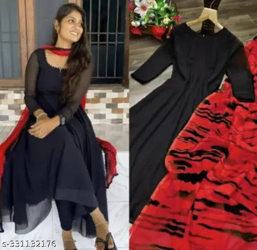 Georgette Anarkali gown with dupatta, solid pattern, long sleeves. Indian fashion wear on mannequin