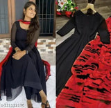 Georgette Anarkali gown with dupatta, solid pattern, long sleeves. Indian fashion wear on mannequin