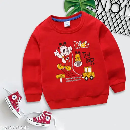 Red cotton blend kid's sweatshirt, cozy and trendy pullover for boys & kids, printed design on long sleeves