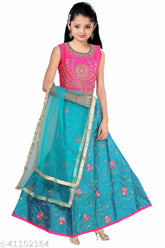 Taffeta silk lehenga-choli set for girls, embroidered top & net dupatta with short sleeves, India-made