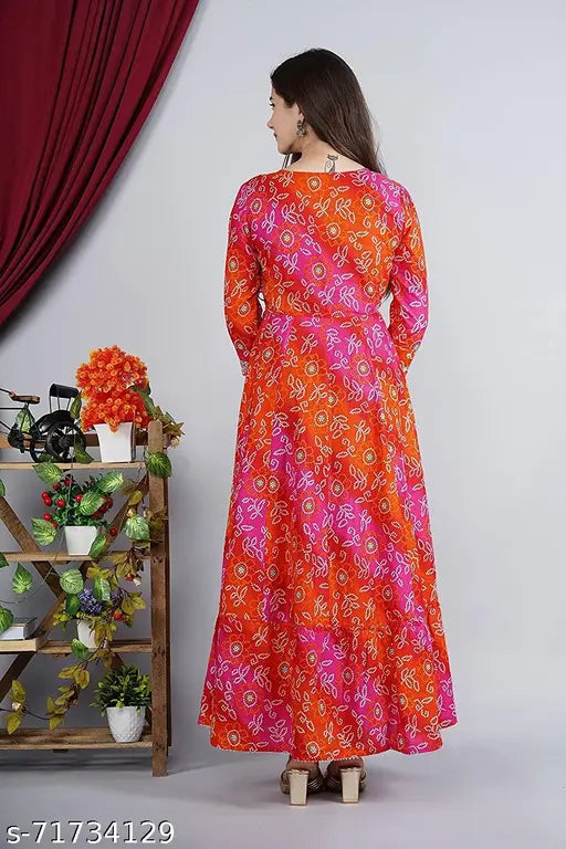 Red and Orange Rayon Anarkali Kurti with Embroidery, three-quarter sleeves, round neck, for women's partywear, Indian origin