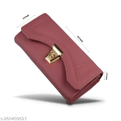 Peach faux leather ALSU Women's Hand Clutch Wallet, featuring 3 compartments and elegant design. Durable stitching and premium twist lock for long-lasting use. Perfect for everyday or special occasions. Made in India