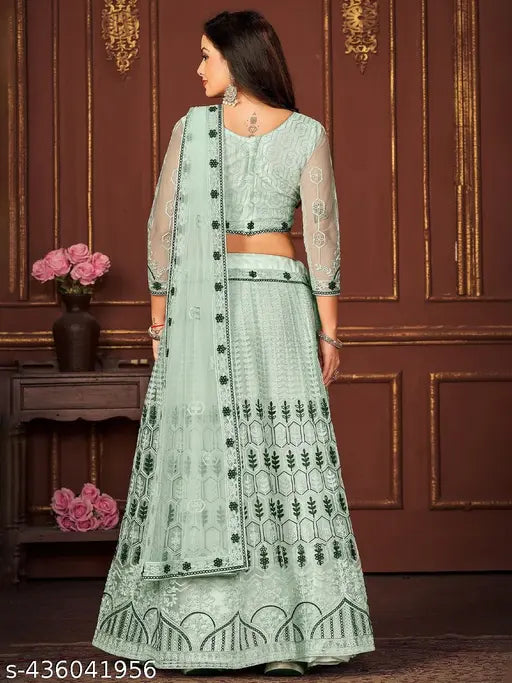 Banarasi embroidery lehenga with unstitched blouse and dupatta, free size up to 2XL, net fabric