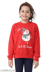 Red cotton blend Christmas snowman print sweatshirt for kids (ages 6-14), unisex and comfortable