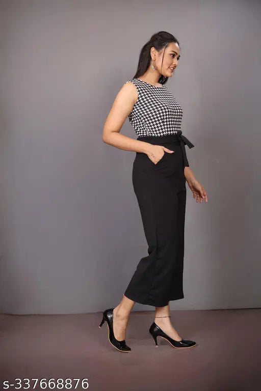 Black Lycra sleeveless printed net jumpsuit for women, fashionable and stylish outfit on model