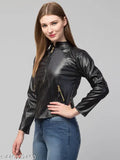 Women's solid PU leather regsin jacket, available in S, M, L, XL sizes. Indian-made fashion jacket for girls and women