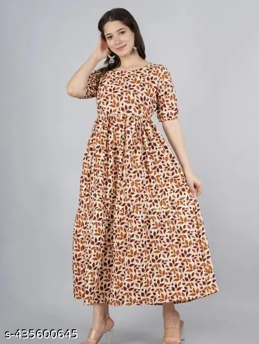 Autumn Breeze leaf-patterned maxi dress, cotton kurti with three-quarter sleeves, Indian print design on display