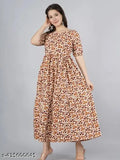 Autumn Breeze leaf-patterned maxi dress, cotton kurti with three-quarter sleeves, Indian print design on display