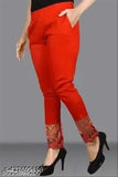 Red cotton stretchable trouser with embroidered flowers and both side pockets, perfect for workwear or casual wear. Available sizes: 28, 30, 32, 34, 36, 38, 40, 42 (inches). Made in India