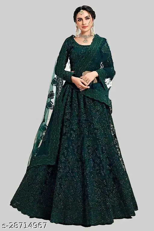 Green embroidered net lehenga choli and dupatta, semi-stitched Patlani style with stonework, Indian traditional wear
