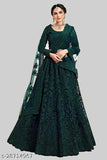 Green embroidered net lehenga choli and dupatta, semi-stitched Patlani style with stonework, Indian traditional wear