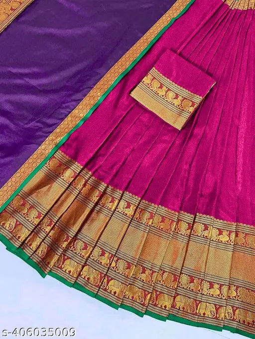 South Indian Silk Blend Lehenga Dhavani (unstitched), solid color with Kalamkari patterns, free size, long sleeves