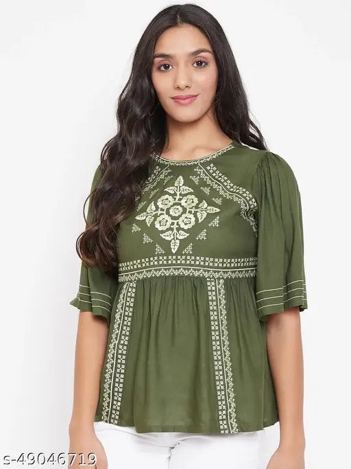 WineRed & Green Embroidered Rayon A-line Top - Lightweight, stylish, perfect for office or casual wear. Ideal with flared bottoms and chunky necklace. Made in India." (123 characters)