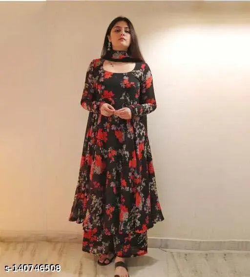 Black georgette kurta set with palazzo pants & dupatta: A-line black kurta featuring red and gray floral prints, long sleeves, and round neckline; paired with matching palazzo pants and coordinating dupatta, ideal for casual to formal occasions. Made in India
