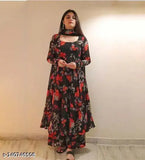 Black georgette kurta set with palazzo pants & dupatta: A-line black kurta featuring red and gray floral prints, long sleeves, and round neckline; paired with matching palazzo pants and coordinating dupatta, ideal for casual to formal occasions. Made in India