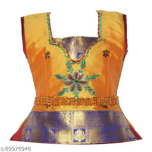 Fabulous kids' cotton-silk lehenga choli with acrylic dupatta, checks & florals, short sleeves, waist belt. Traditional Indian festive wear for 3-8 year-olds