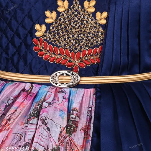 Silver satin floral print knee-length dress for baby girls (fe3249nb), vibrant navy blue and pink design with pleated skirt, embellished yoke, attached dupatta, and belt