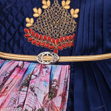 Silver satin floral print knee-length dress for baby girls (fe3249nb), vibrant navy blue and pink design with pleated skirt, embellished yoke, attached dupatta, and belt